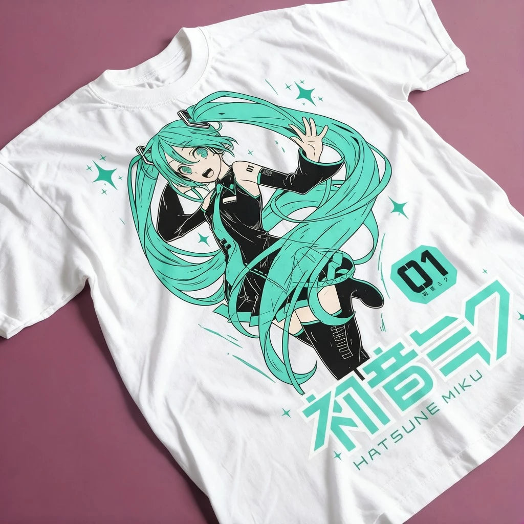 Hatsune Miku The Sound of The Future Anime Graphic Cotton T-shirt for Women 2026 Summer Casual Street Style Short Sleeve Black