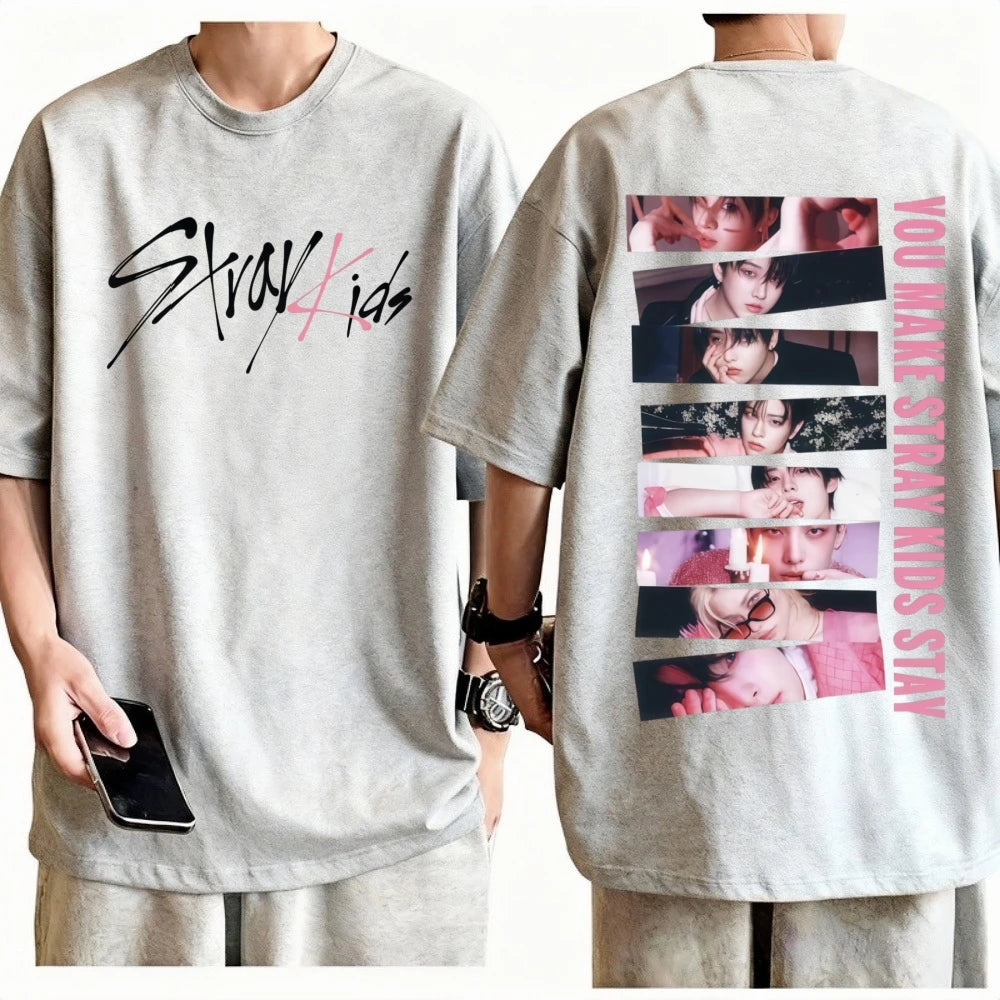 Unisex Stray Kids Karma Double Sided Grunge Style Collage T-Shirt 100% Cotton Crew Neck Short Sleeve K-Pop Casual Graphic Top