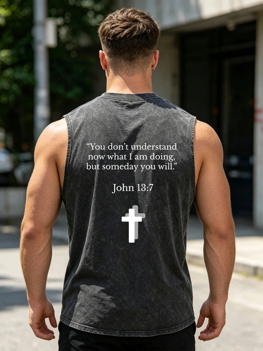 Men's Text And Cross Print Washed Vest Summer Vacation Casual Fashion Pure Cotton Sleeveless Vest Daily Commute And Gym Wear