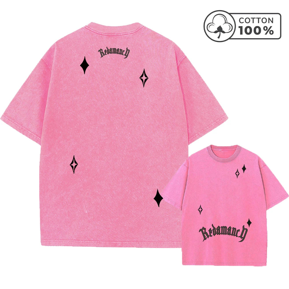Men's Creative Star And Letter Print Washed T-Shirt Retro Casual Pure Cotton Crew Neck Short Sleeve Summer Commuter Loose Top
