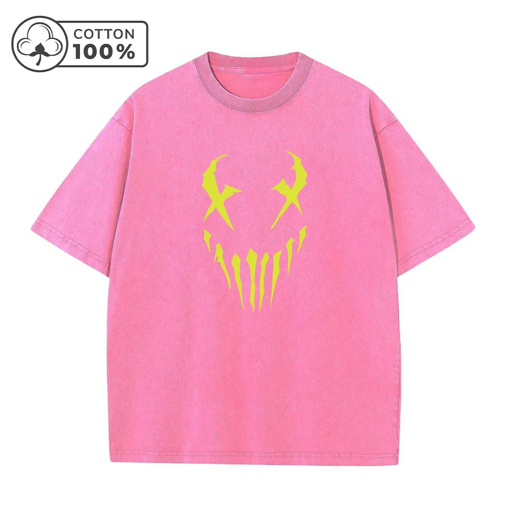 Men's Fangs And Smiley Face Printed Washed T-Shirt Fashionable Pure Cotton Round Neck Short Sleeve Suitable For Everyday Commute