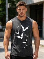 Men's Simple Bat Print Retro Washed Vest Summer Casual Heavyweight Pure Cotton Sleeveless Vest Fashionable Street Style Top