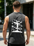 2026 New Style Unique Cross Print Pure Cotton Washed Vest Summer Vacation Casual Sleeveless Top Daily Gym And Commute For Men