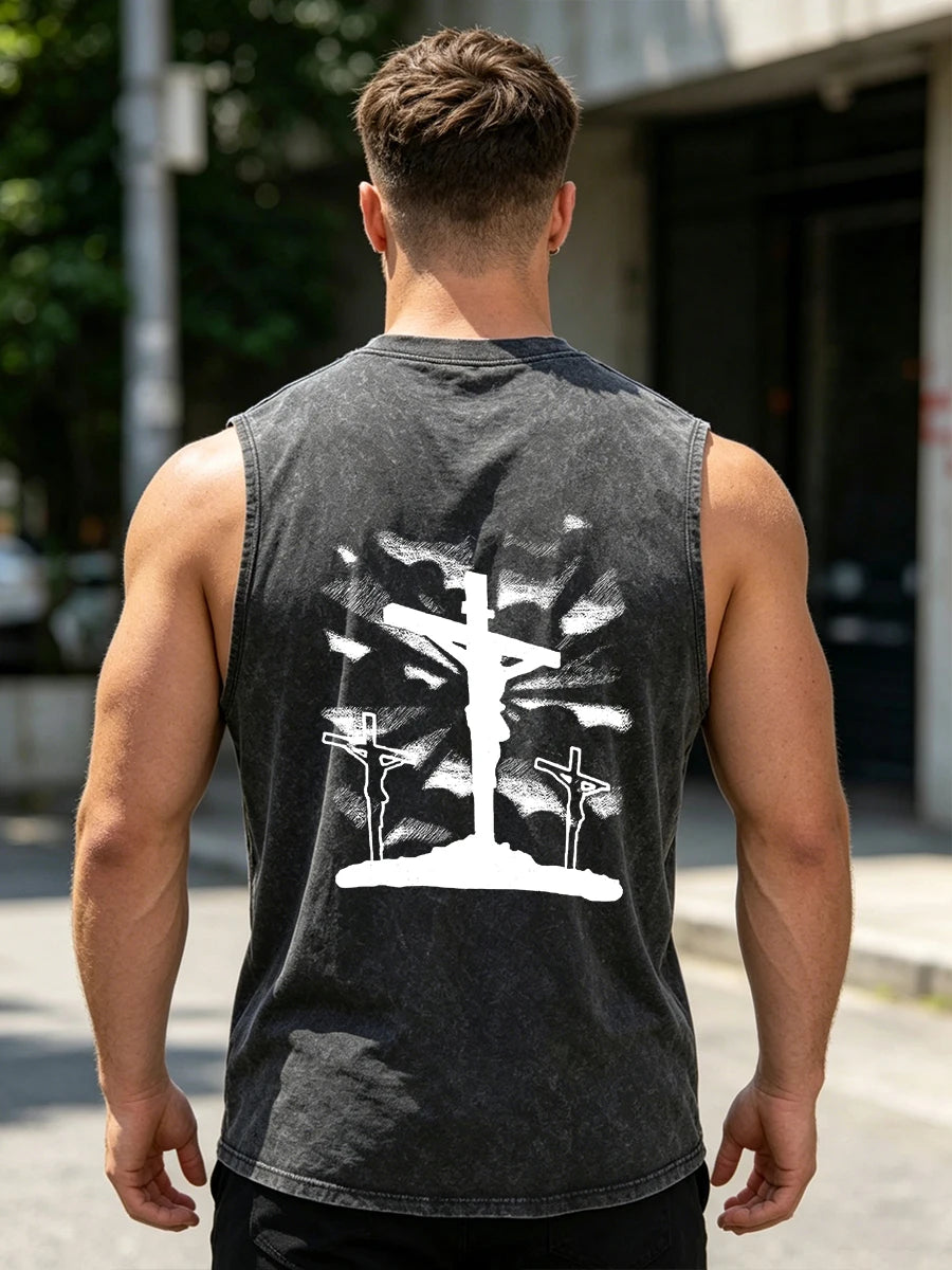 2026 New Style Unique Cross Print Pure Cotton Washed Vest Summer Vacation Casual Sleeveless Top Daily Gym And Commute For Men