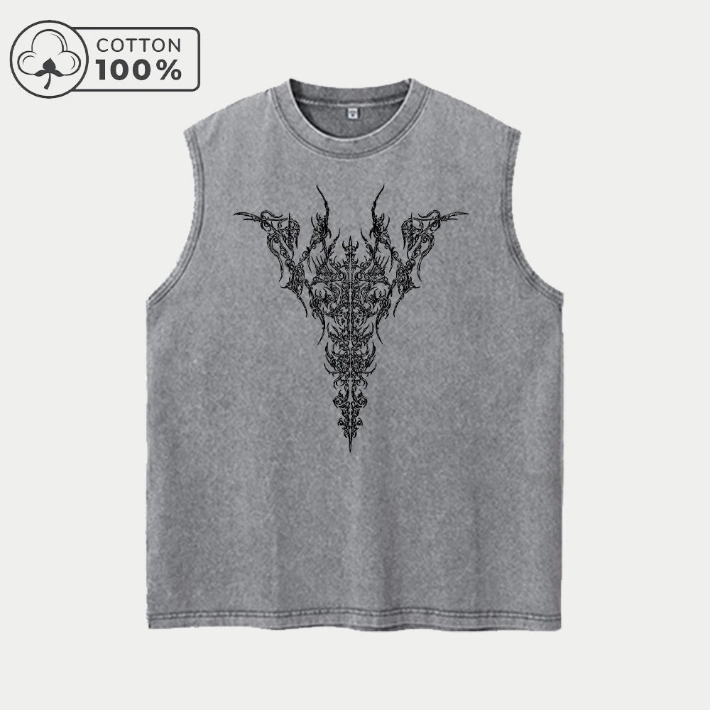 Men's Street Style Vest With Dark Sword Wing Print Loose Fitting Casual Sleeveless Top For Everyday Commute Or Lounging At Home