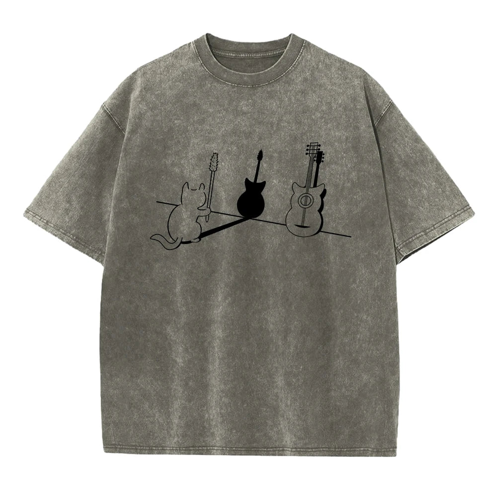 Vintage Distressed Washed T-Shirt Comfortable 100% Cotton Round Neck Short Sleeve Summer Casual Kitten Guitar Print Top