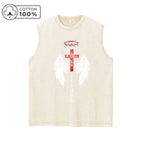 Men's Washed Distressed Cross Wing Print Vest Retro Casual Pure Cotton Sleeveless Crew Neck Top Suitable For Summer Commute Wear