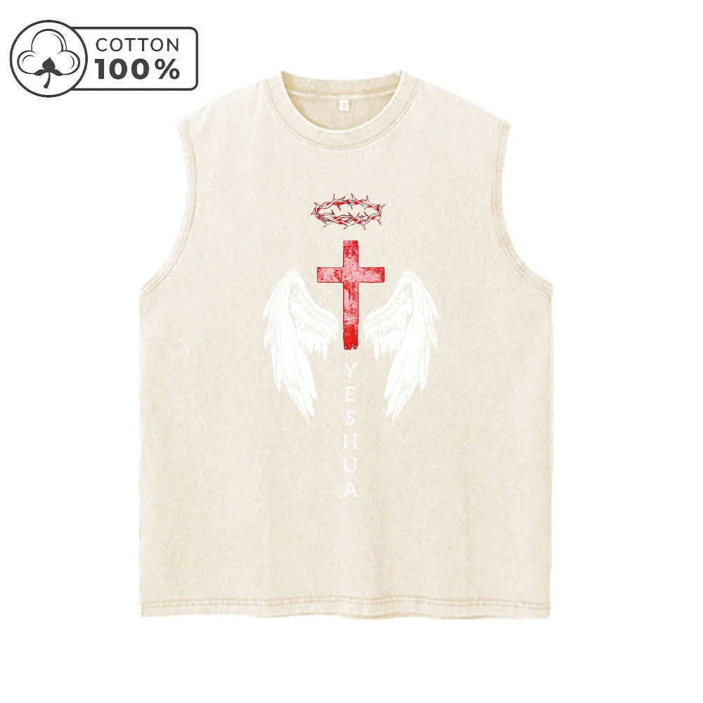 Men's Washed Distressed Cross Wing Print Vest Retro Casual Pure Cotton Sleeveless Crew Neck Top Suitable For Summer Commute Wear