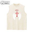 Men's Washed Distressed Cross Wing Print Vest Retro Casual Pure Cotton Sleeveless Crew Neck Top Suitable For Summer Commute Wear