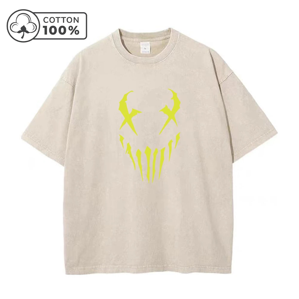 Men's Fangs And Smiley Face Printed Washed T-Shirt Fashionable Pure Cotton Round Neck Short Sleeve Suitable For Everyday Commute