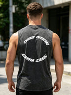 Men's Distressed Letter Print Washed Vest Retro Street Style Loose Fitting Pure Cotton Sleeveless Top Summer Gym Commute Vest
