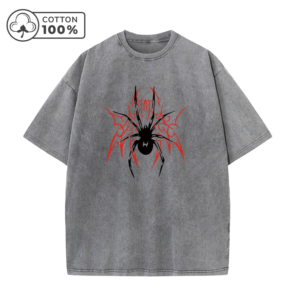 Men's Casual Washed T-Shirt Trendy And Stylish Pure Cotton Short Sleeve Unique Spider Print Summer Everyday Commute Top