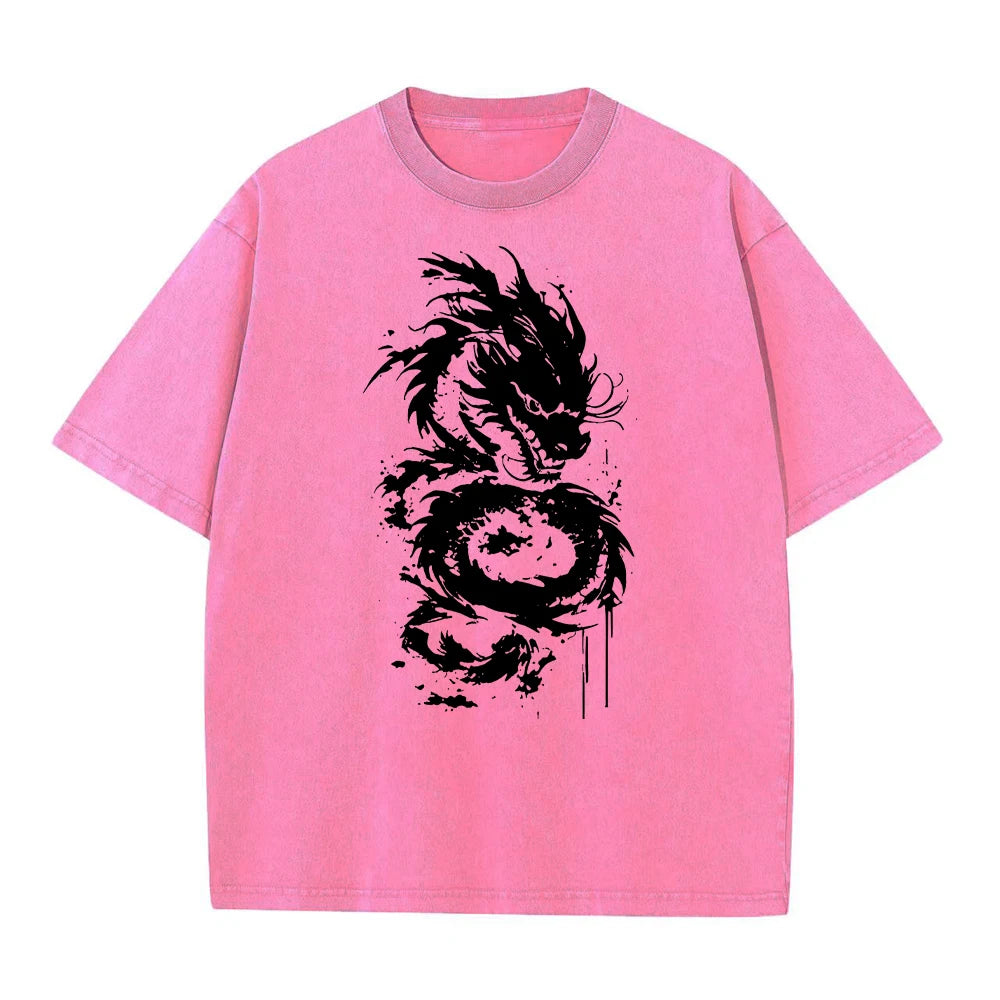 Men's Heavyweight Washed Cotton T Shirt Distressed Style Dragon Print Short Sleeve Retro Streetwear Loose And Comfortable Top