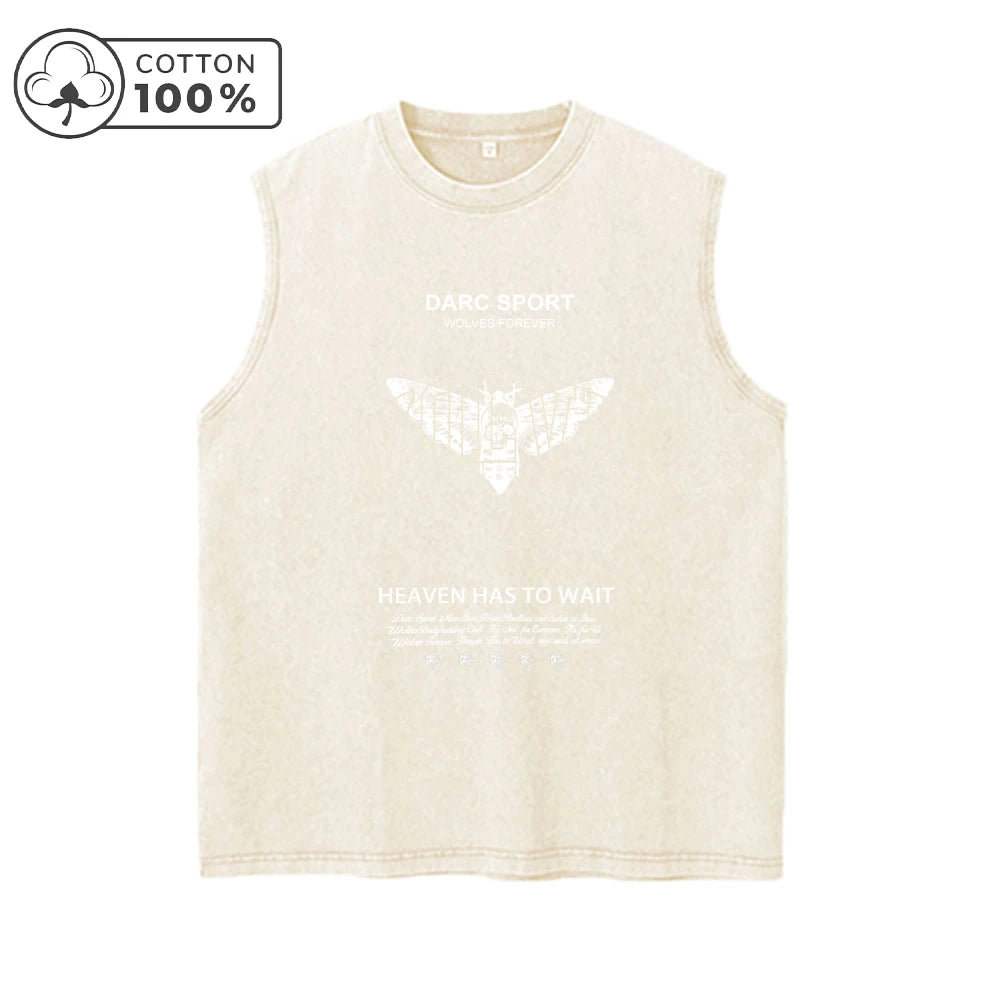 Men's Distressed Washed Dark Style Printed Vest With Skull And Moth Pattern Pure Cotton Loose Sleeveless Top For Summer