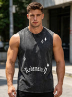Men's Star And Letter Print Washed Vest Retro Street Style Loose Fitting Pure Cotton Sleeveless Top Summer Gym And Commute Vest