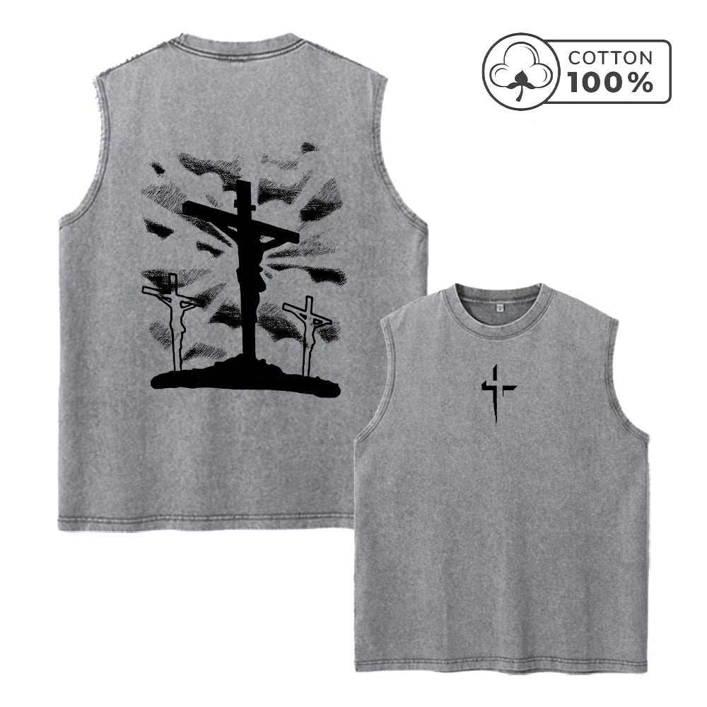 2026 New Style Unique Cross Print Pure Cotton Washed Vest Summer Vacation Casual Sleeveless Top Daily Gym And Commute For Men