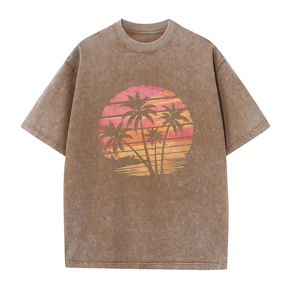 Men's Coconut Tree Print Retro Washed T-Shirt Summer Fashion Casual Short Sleeve Suitable For Fitness And Outdoor Activities