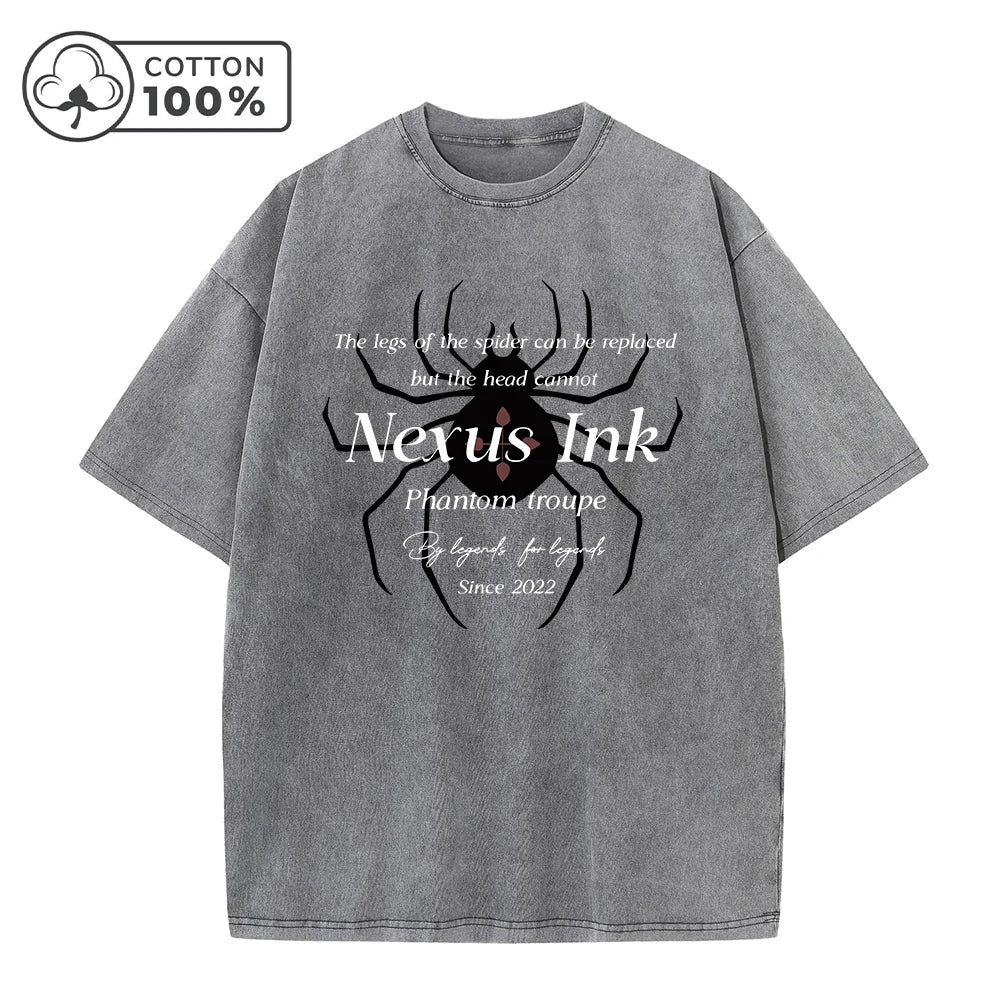 Men's Dark Spider Print Washed T-Shirt Distressed Retro Street Style Casual Pure Cotton Short Sleeve Top For Summer Commute