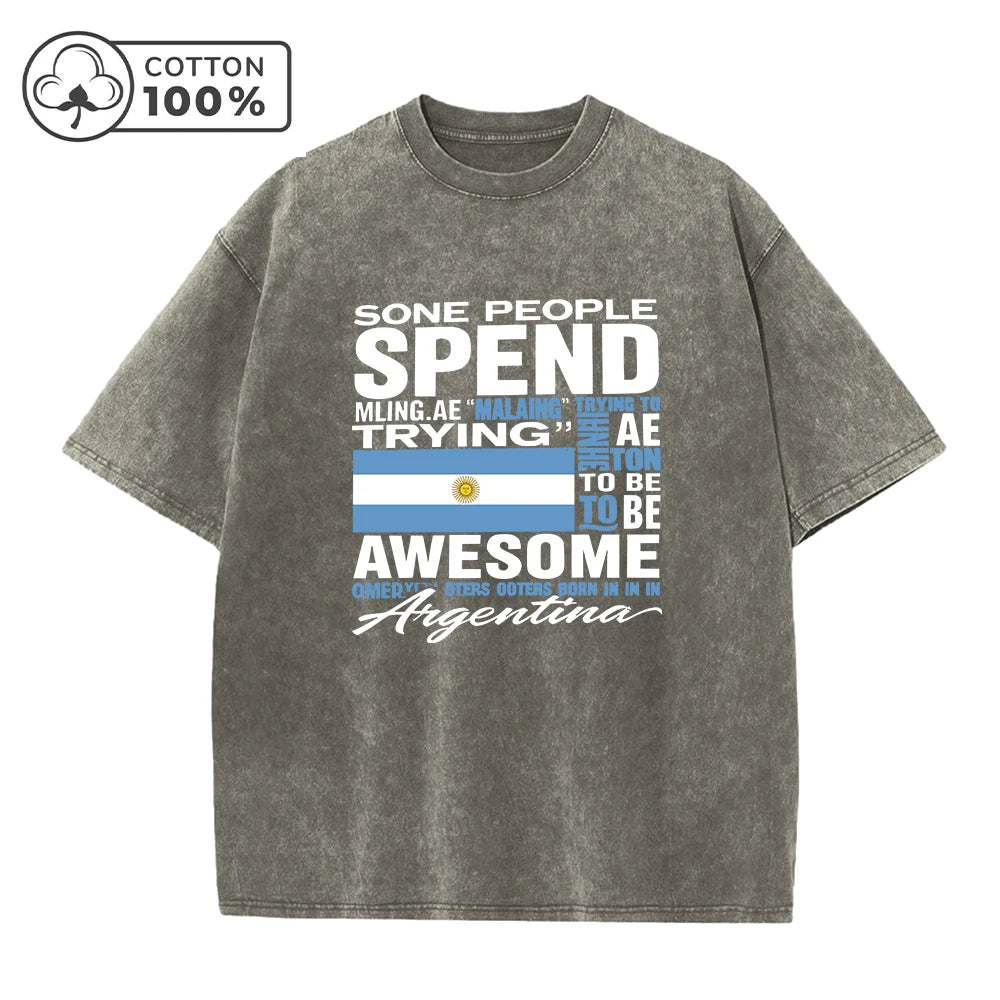 Men's Retro Distressed Argentinian Print Washed T-Shirt Casual And Versatile Loose Fitting 100% Cotton Short Sleeve Top