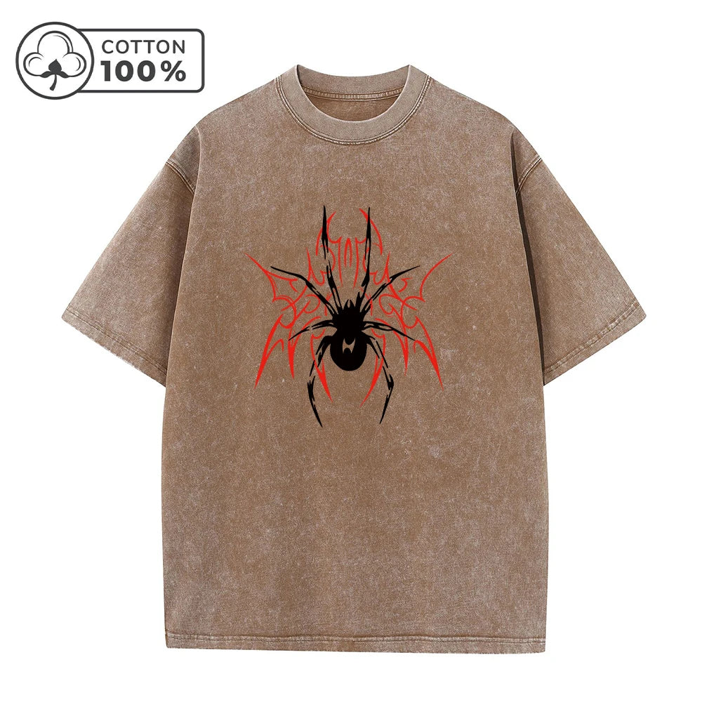 Men's Casual Washed T-Shirt Trendy And Stylish Pure Cotton Short Sleeve Unique Spider Print Summer Everyday Commute Top
