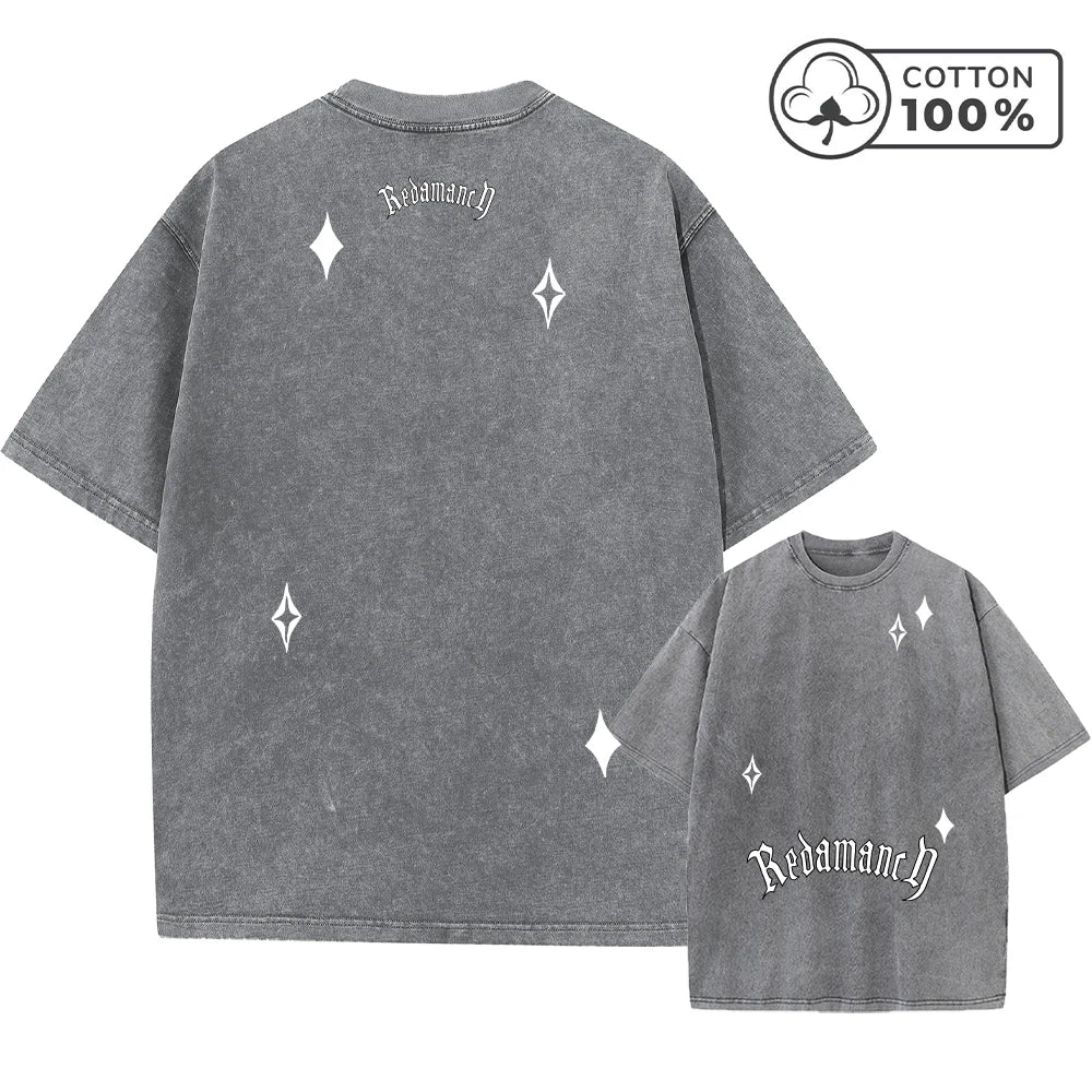 Men's Creative Star And Letter Print Washed T-Shirt Retro Casual Pure Cotton Crew Neck Short Sleeve Summer Commuter Loose Top