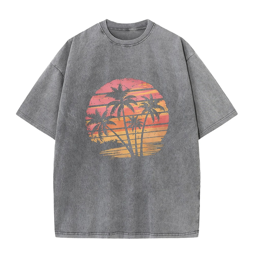 Men's Coconut Tree Print Retro Washed T-Shirt Summer Fashion Casual Short Sleeve Suitable For Fitness And Outdoor Activities