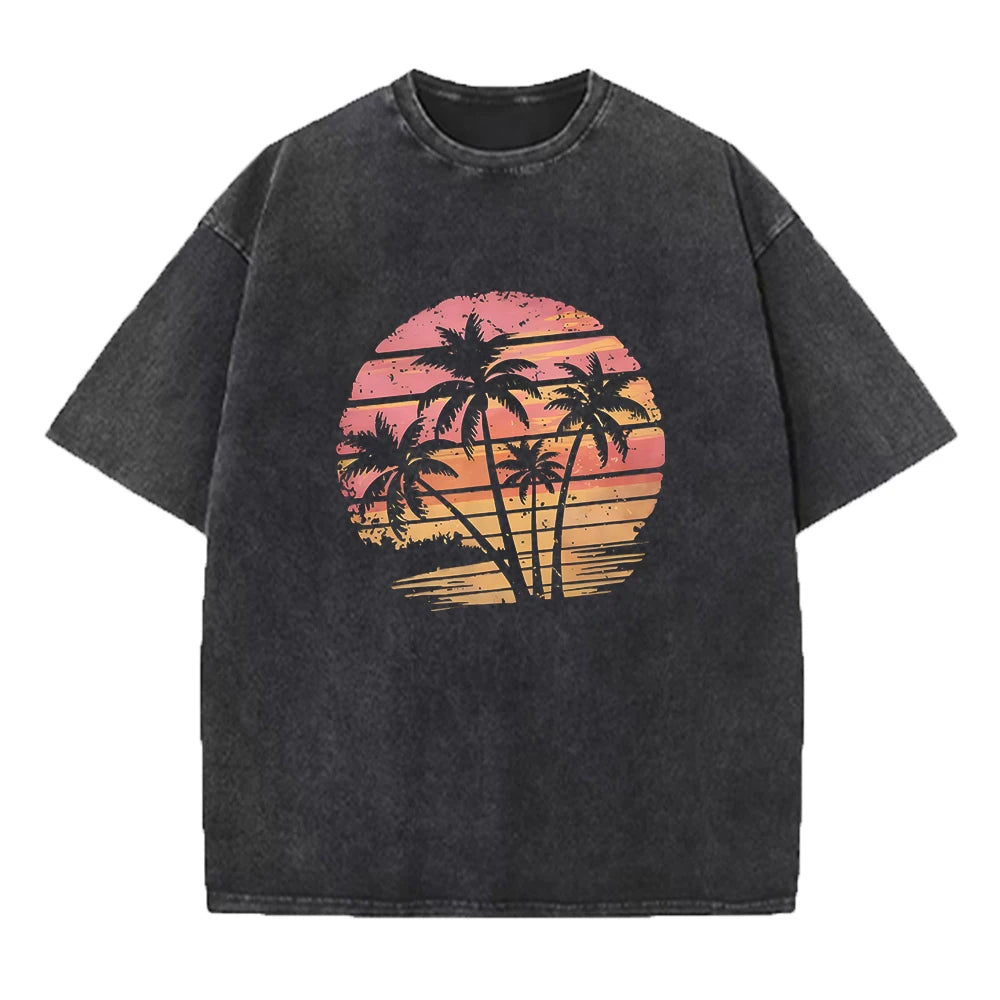 Men's Coconut Tree Print Retro Washed T-Shirt Summer Fashion Casual Short Sleeve Suitable For Fitness And Outdoor Activities