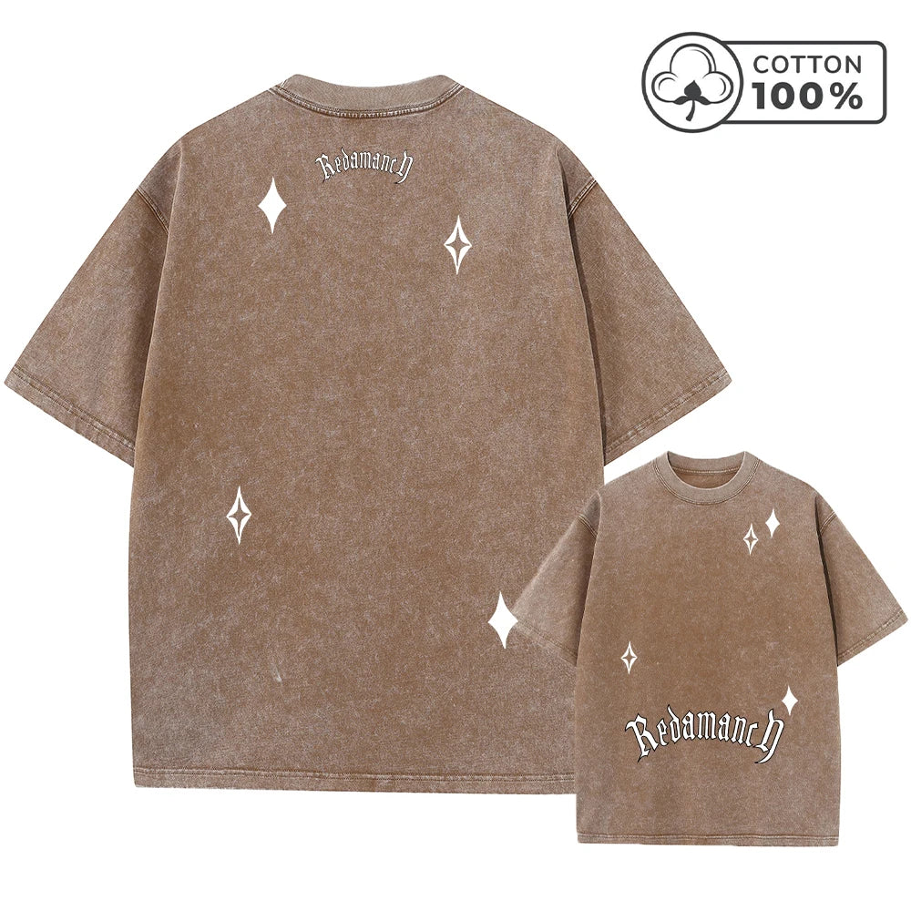 Men's Creative Star And Letter Print Washed T-Shirt Retro Casual Pure Cotton Crew Neck Short Sleeve Summer Commuter Loose Top