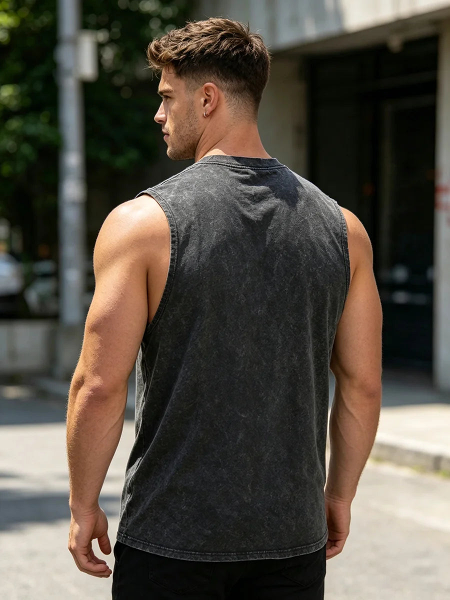 Men's Men's Patchwork Letter Print Washed Vest Retro Street Style Loose Pure Cotton Sleeveless Top Summer Fitness And Commute Ve