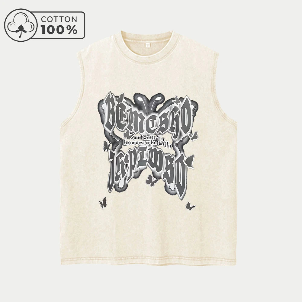 Fashionable Butterfly Print Retro Washed Vest Distressed Style Trendy Pure Cotton Sleeveless Tank Top Summer Street Style Unisex
