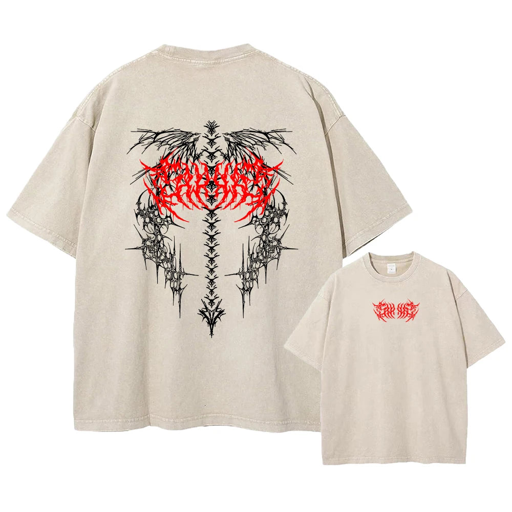Men's Gothic Print Retro Washed T-Shirt Summer Trendy Fashion Loose Short Sleeve Suitable For Daily Commute And Casual Wear