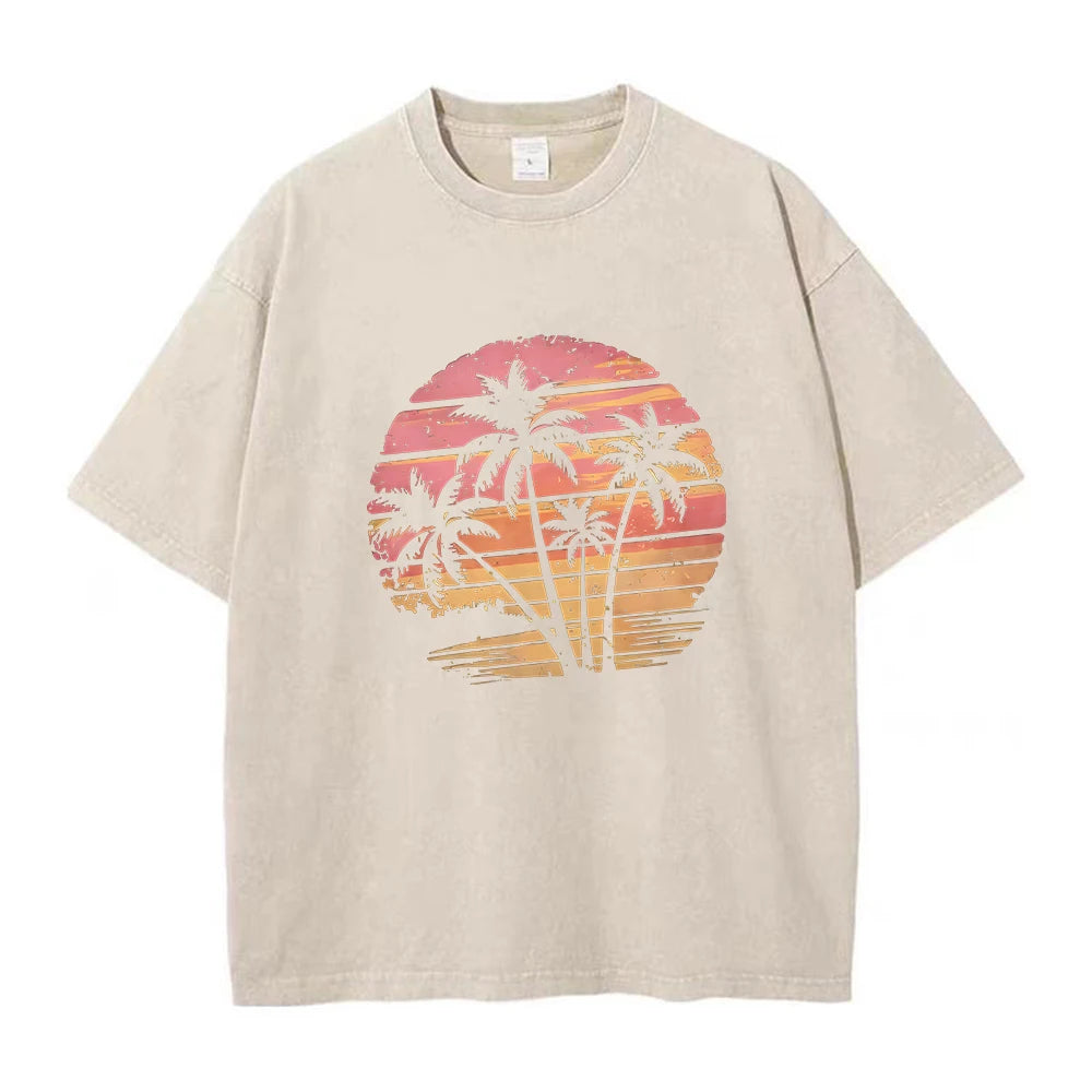 Men's Coconut Tree Print Retro Washed T-Shirt Summer Fashion Casual Short Sleeve Suitable For Fitness And Outdoor Activities