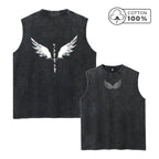 Men's Wing Print Retro Distressed Washed Vest Fashionable Street Style Pure Cotton Sleeveless Top Loose Casual Base Layer