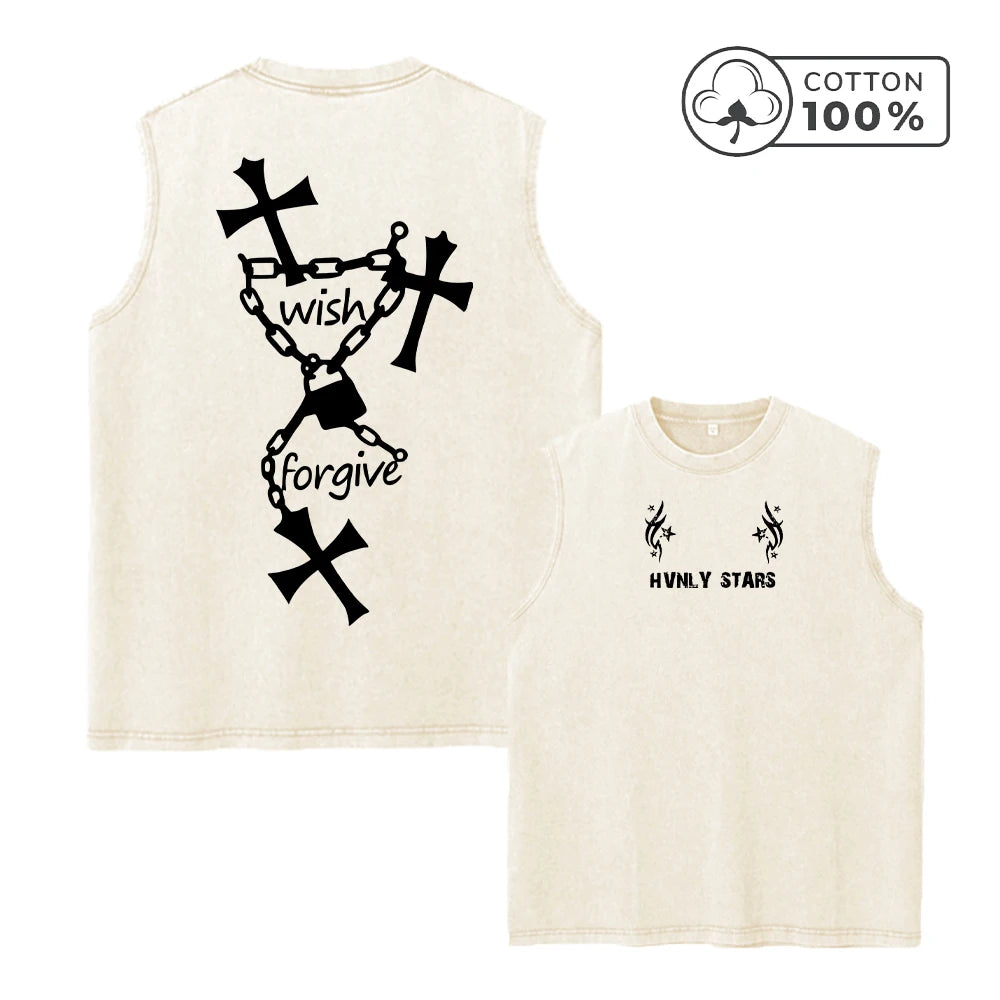 Men's Chain Cross Print Washed Vest Retro Casual Pure Cotton Sleeveless Vest Summer Everyday Street Style Commuting Loose Top