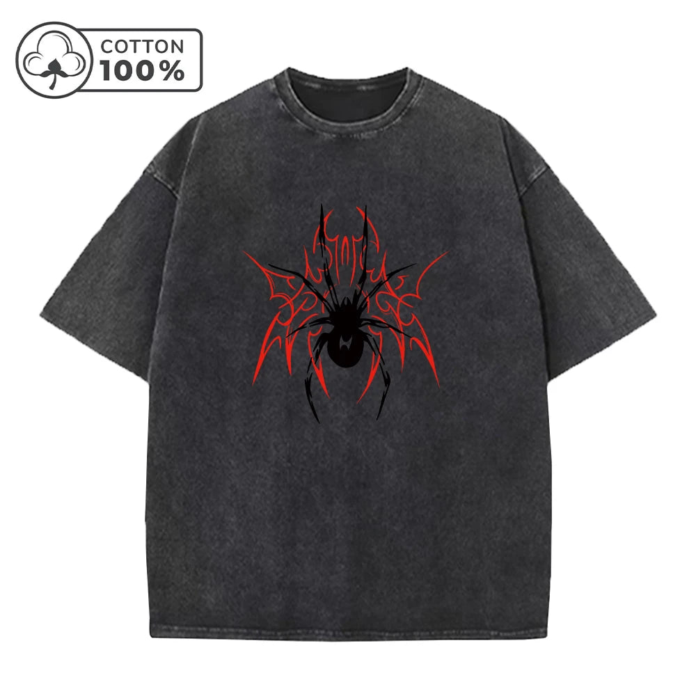 Men's Casual Washed T-Shirt Trendy And Stylish Pure Cotton Short Sleeve Unique Spider Print Summer Everyday Commute Top