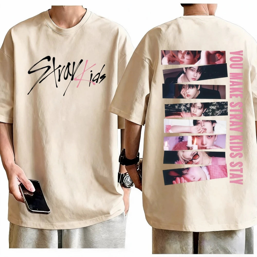 Unisex Stray Kids Karma Double Sided Grunge Style Collage T-Shirt 100% Cotton Crew Neck Short Sleeve K-Pop Casual Graphic Top
