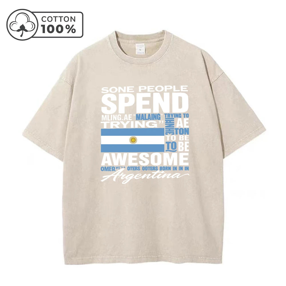 Men's Retro Distressed Argentinian Print Washed T-Shirt Casual And Versatile Loose Fitting 100% Cotton Short Sleeve Top