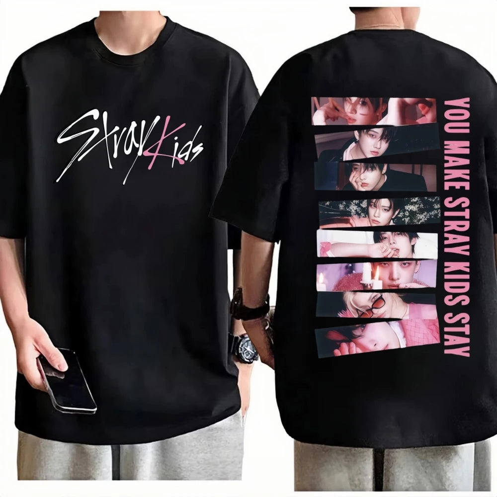 Unisex Stray Kids Karma Double Sided Grunge Style Collage T-Shirt 100% Cotton Crew Neck Short Sleeve K-Pop Casual Graphic Top