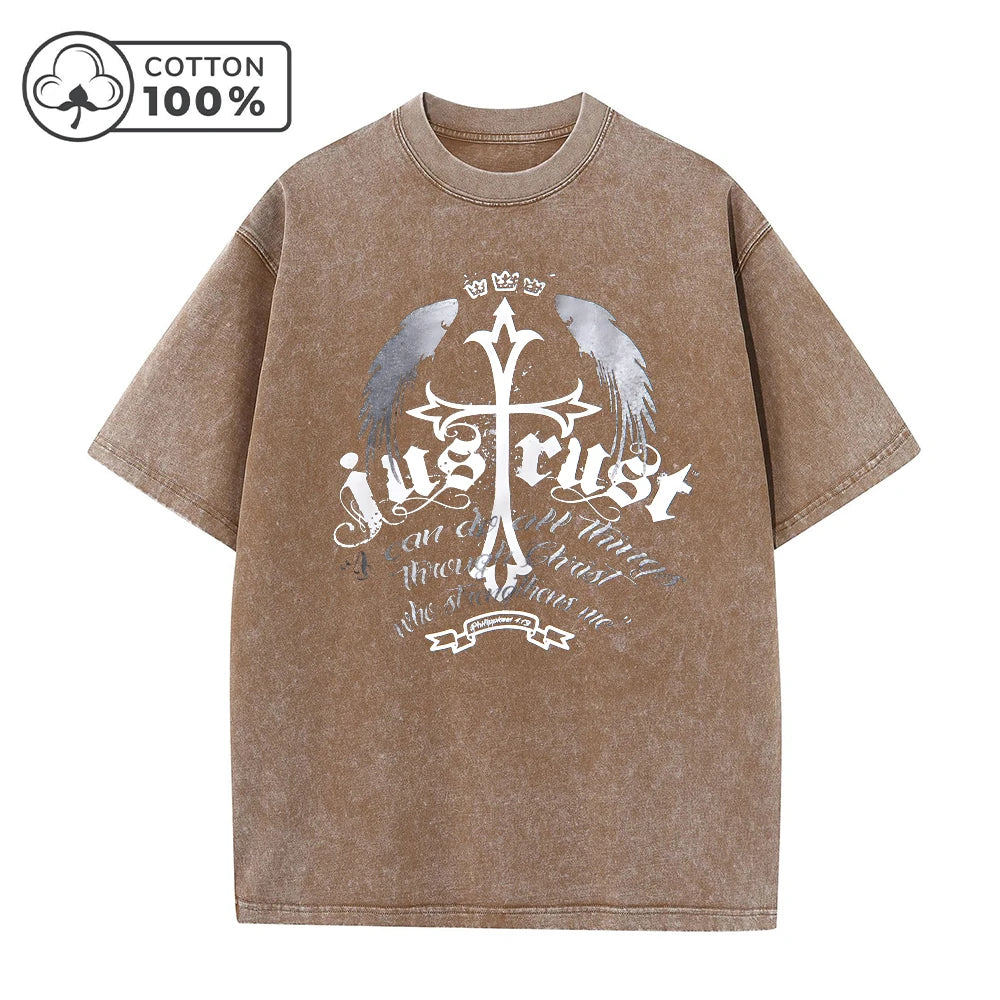 Men's Fashion Cross Wings Print Distressed Washed T-Shirt Loose Fit Casual Pure Cotton Short Sleeve Ideal For Home Or Commute