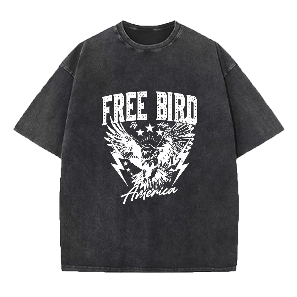 Men's Bird Print Casual Washed Short Sleeve Fashionable Comfortable Pure Cotton T-Shirt For Fitness And Commute Undershirt