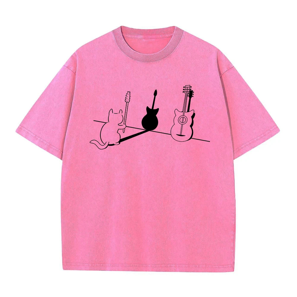 Vintage Distressed Washed T-Shirt Comfortable 100% Cotton Round Neck Short Sleeve Summer Casual Kitten Guitar Print Top
