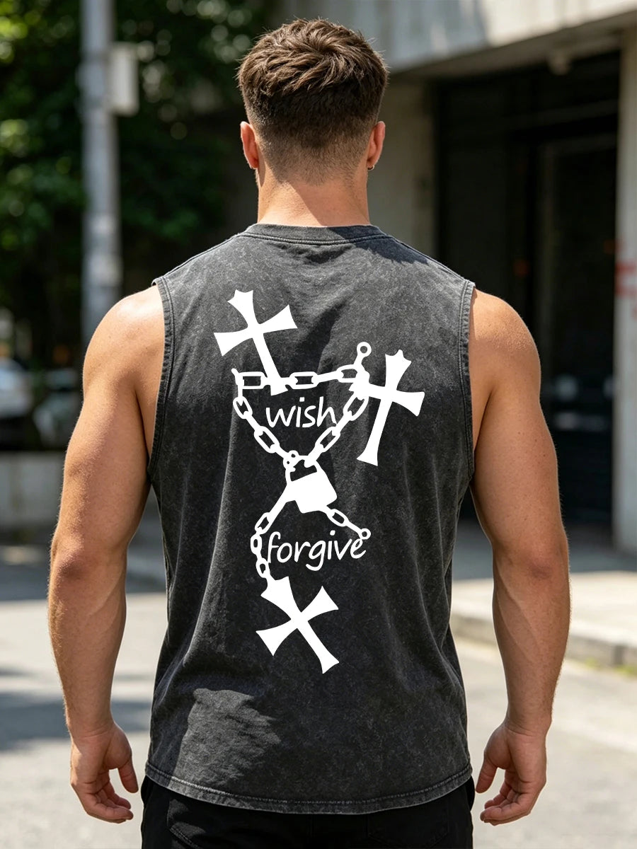 Men's Chain Cross Print Washed Vest Retro Casual Pure Cotton Sleeveless Vest Summer Everyday Street Style Commuting Loose Top