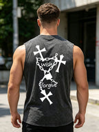 Men's Chain Cross Print Washed Vest Retro Casual Pure Cotton Sleeveless Vest Summer Everyday Street Style Commuting Loose Top