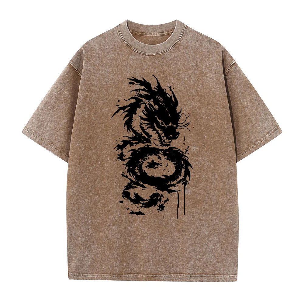 Men's Heavyweight Washed Cotton T Shirt Distressed Style Dragon Print Short Sleeve Retro Streetwear Loose And Comfortable Top