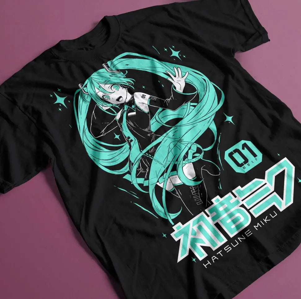 Hatsune Miku The Sound of The Future Anime Graphic Cotton T-shirt for Women 2026 Summer Casual Street Style Short Sleeve Black
