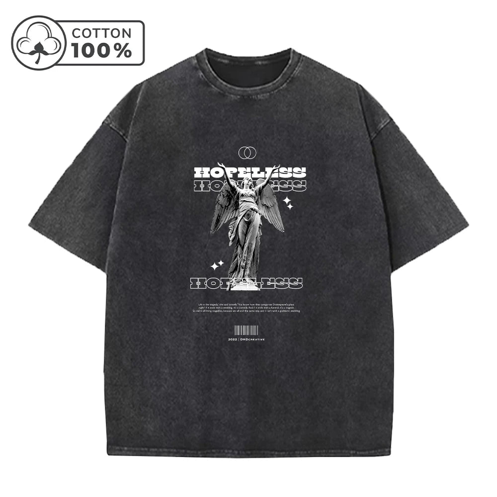 Summer Casual Washed T-Shirt Heavyweight Pure Cotton With A Statue Print Retro And Fashionable Short Sleeved Trendy Top