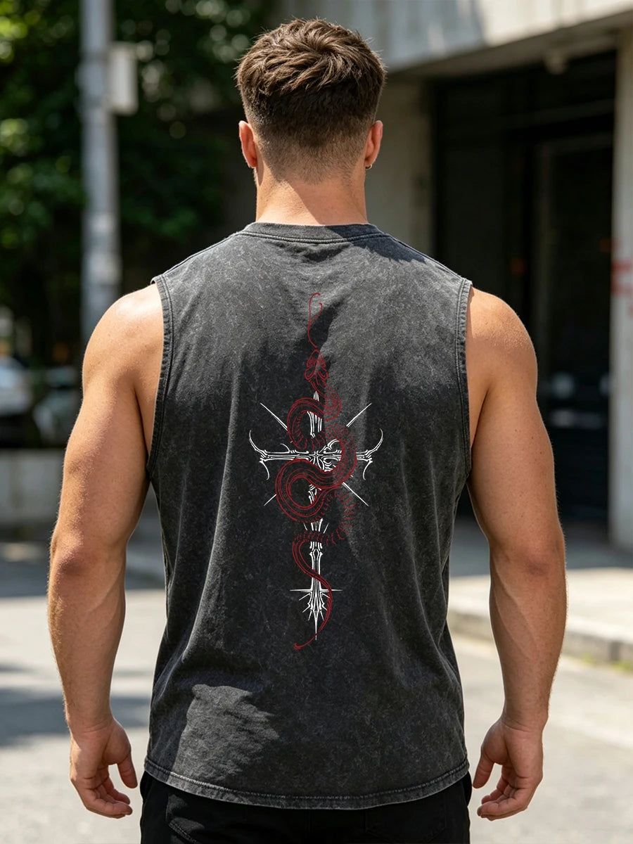 Men's Red Snake Cross Print Washed Vest Summer Pure Cotton Distressed Retro Casual Sleeveless Top Street Style Loose Fit