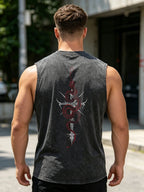 Men's Red Snake Cross Print Washed Vest Summer Pure Cotton Distressed Retro Casual Sleeveless Top Street Style Loose Fit