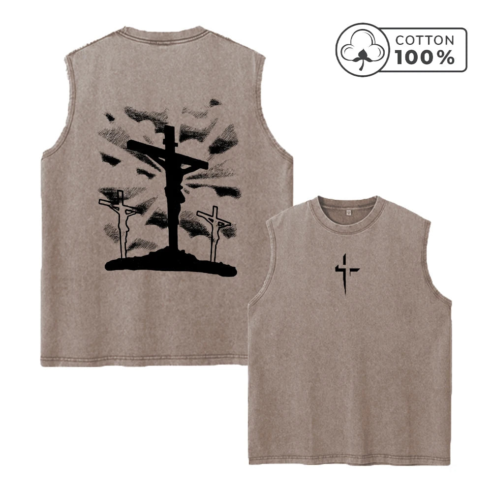 2026 New Style Unique Cross Print Pure Cotton Washed Vest Summer Vacation Casual Sleeveless Top Daily Gym And Commute For Men
