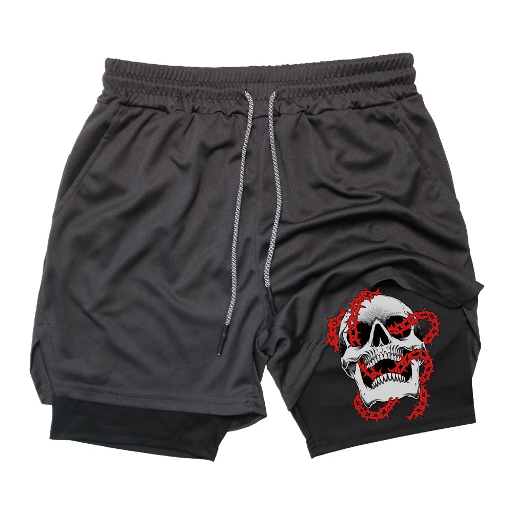 Men's Skull Print Double Layer Quick Drying Shorts 2 In 1Fitness Shorts With Drawstring Adjustment Suitable For Daily Wear
